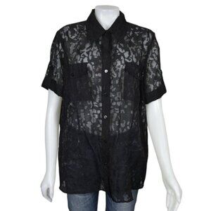 Anne Carson Linen Blend Sheer Blouse Short Sleeve Black Size 2X